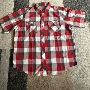 Orvis Gray and Red Plaid Button-Up Shirt